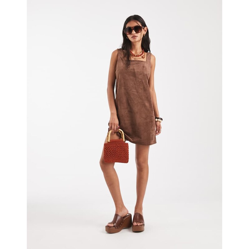 Vero Moda square neck faux suede mini dress in brown