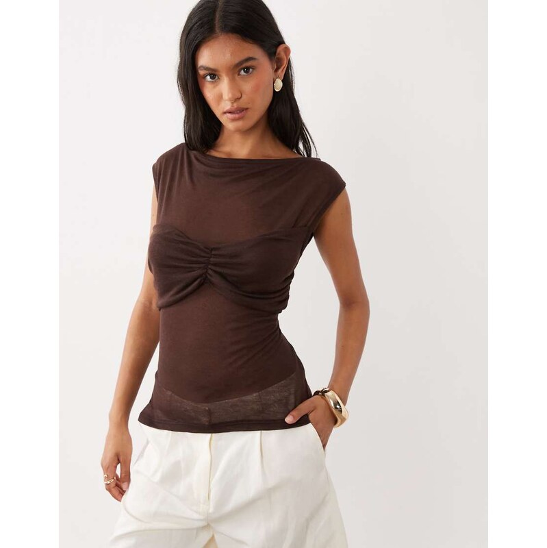 ASOS DESIGN soft semi sheer cap sleeve top with ruched bust