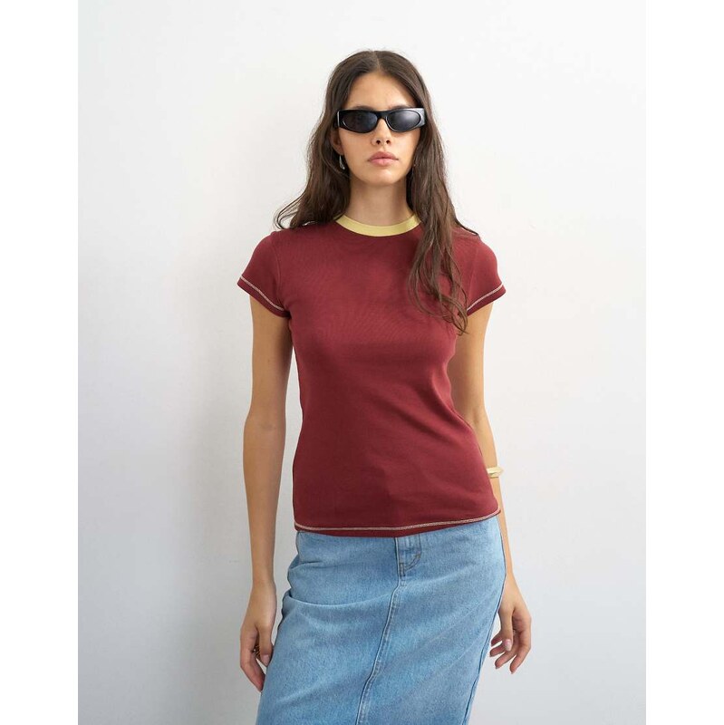 Topshop jersey tipping detail everyday tee in burgundy-Red