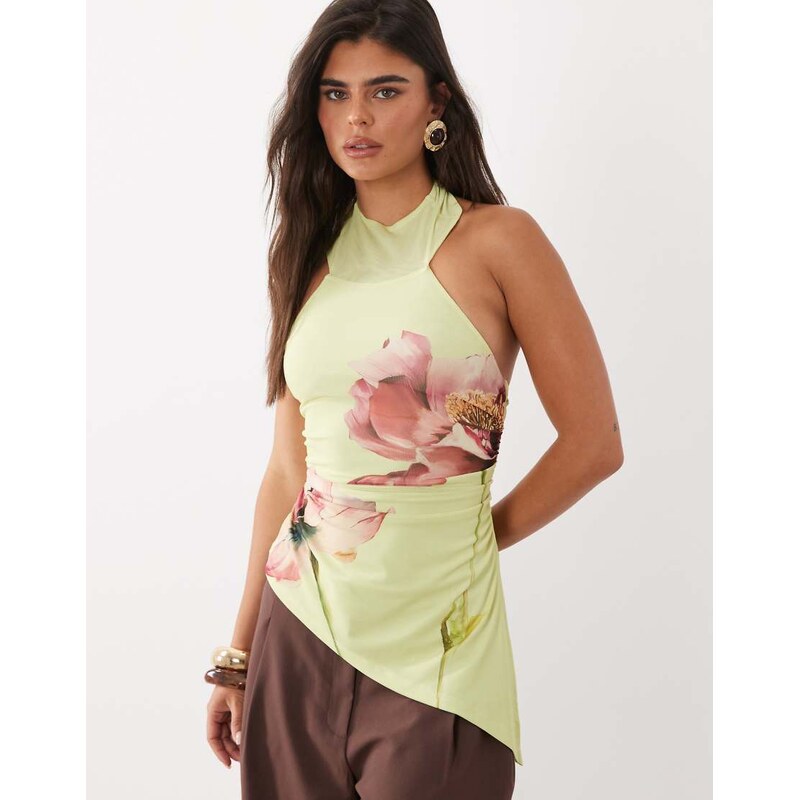 ASOS DESIGN printed mesh lace up back top with oversized floral