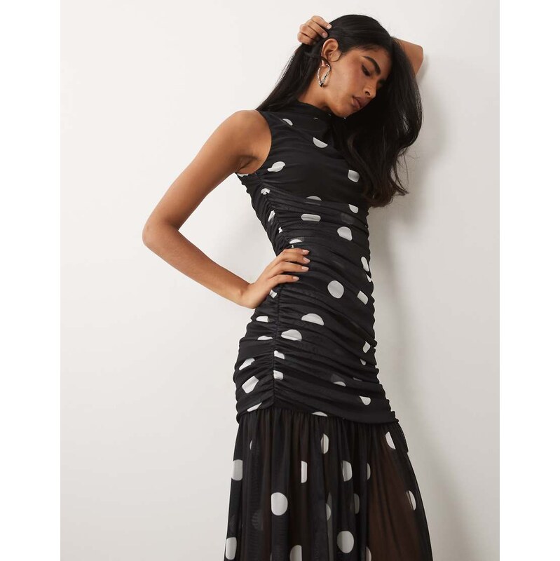 ASOS DESIGN printed polka dot ruched drop waist circle dress