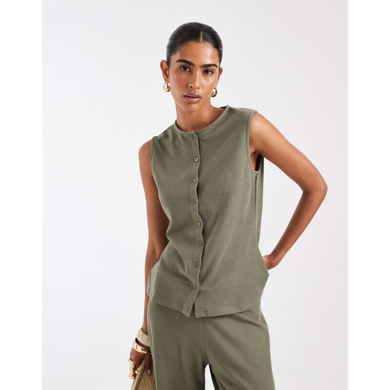 ASOS DESIGN textured crew neck waistcoat co-ord in khaki-Green