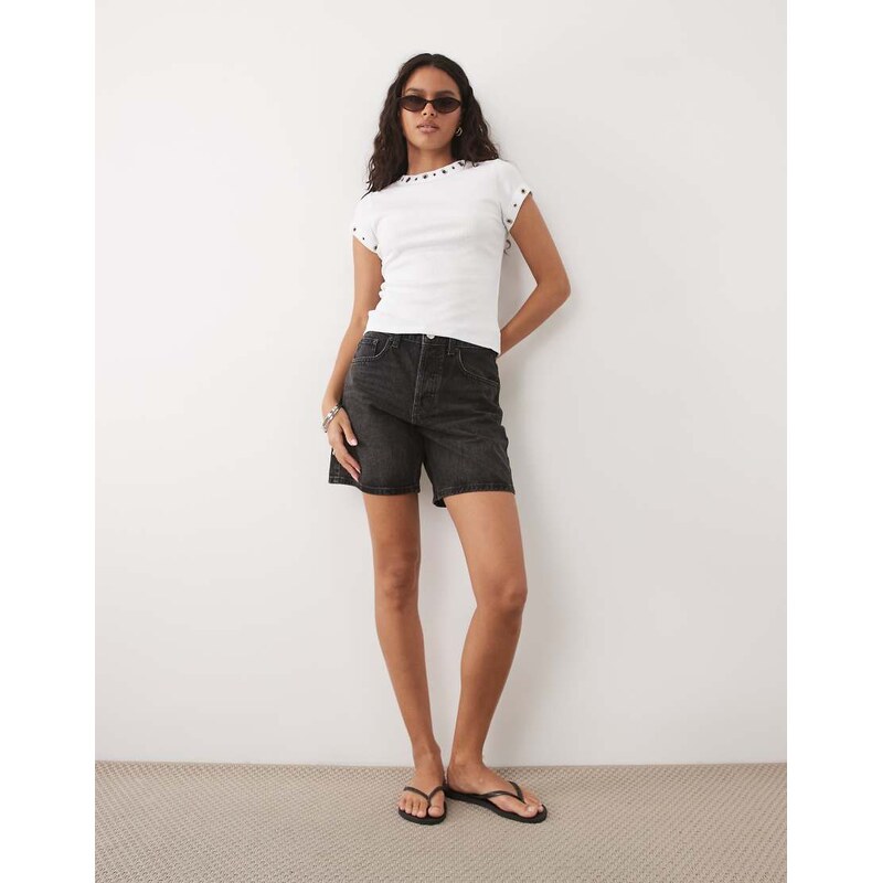 ASOS DESIGN short sleeve with stud detail top in white-Brown