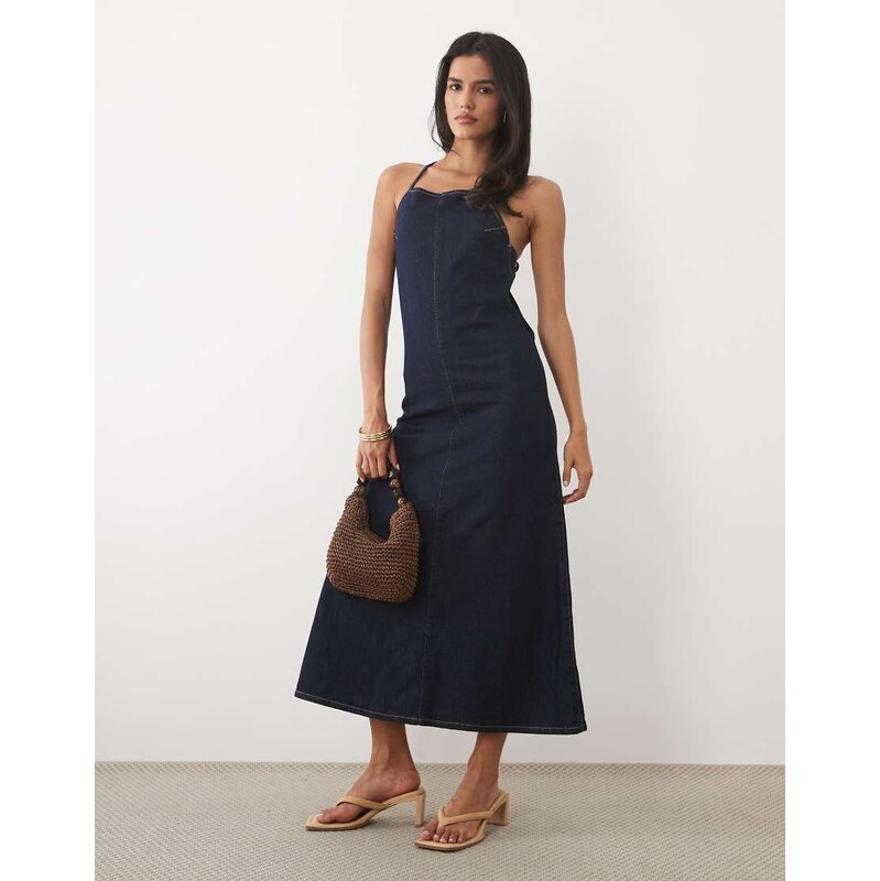 ASOS DESIGN square neck denim maxi dress in rinse-Blue