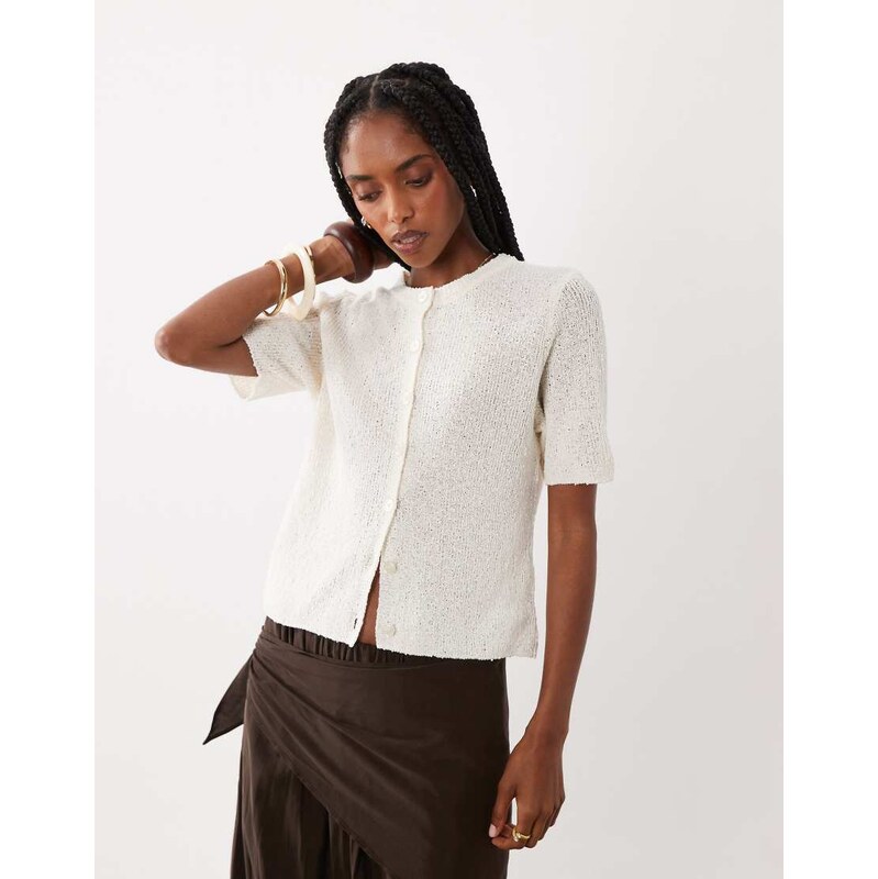 ASOS DESIGN relaxed short sleeve slub cardigan in cream-White