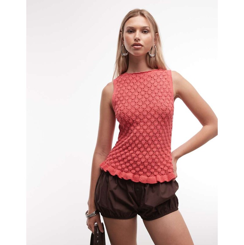 Reclaimed Vintage crochet knitted top with frill hem in red