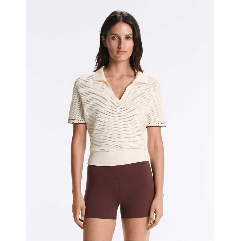 OYSHO Cotton blend openwork knit polo in pale ecru-Neutral