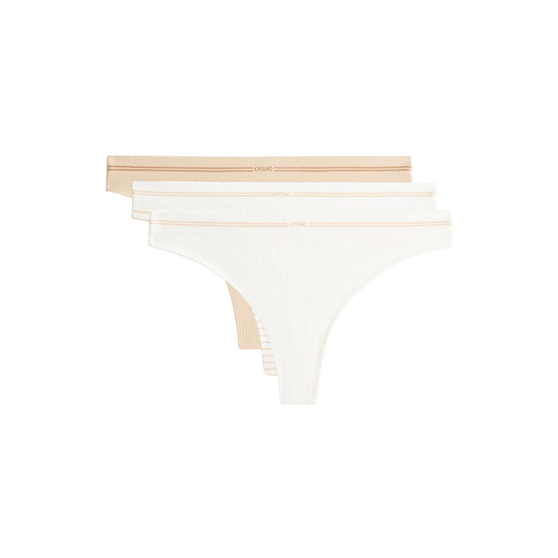 OYSHO 3 seamless rib polyamide blend thongs in off-white
