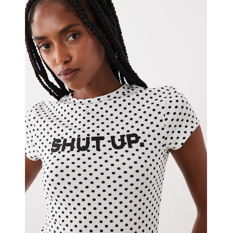 ASOS DESIGN baby tee with shutup slogan in mono polka dot-Multi