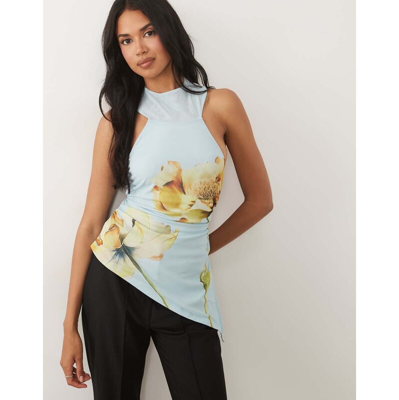 ASOS DESIGN printed mesh lace up back top with oversized floral
