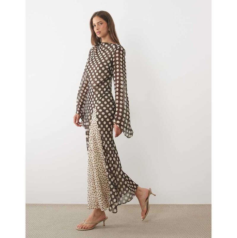 ASOS DESIGN slash neck chiffon maxi dress in brown spot-Multi