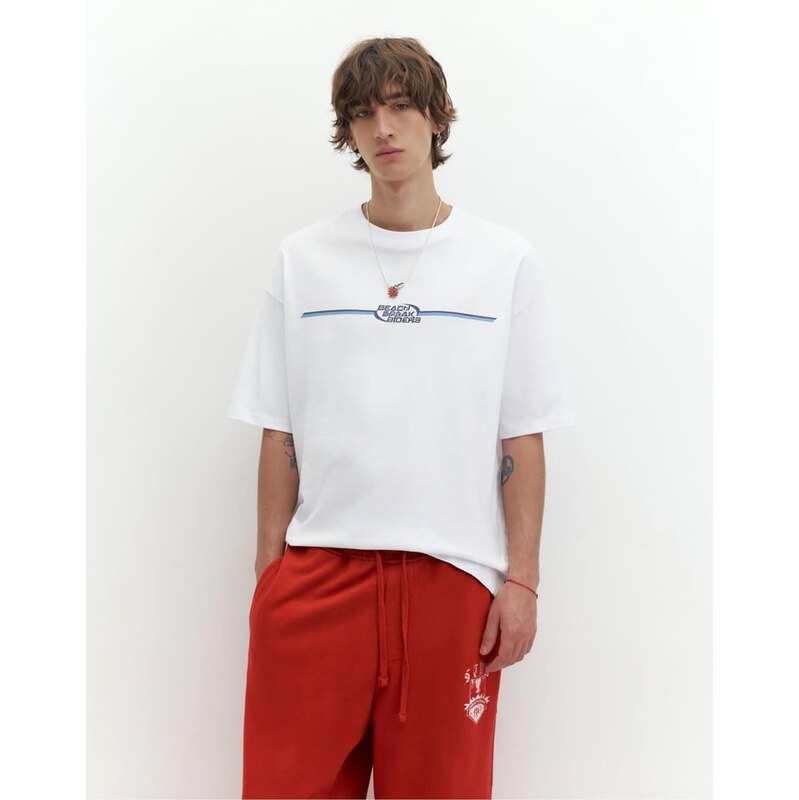 Pull&Bear Stwd beach graphic t-shirt in off white