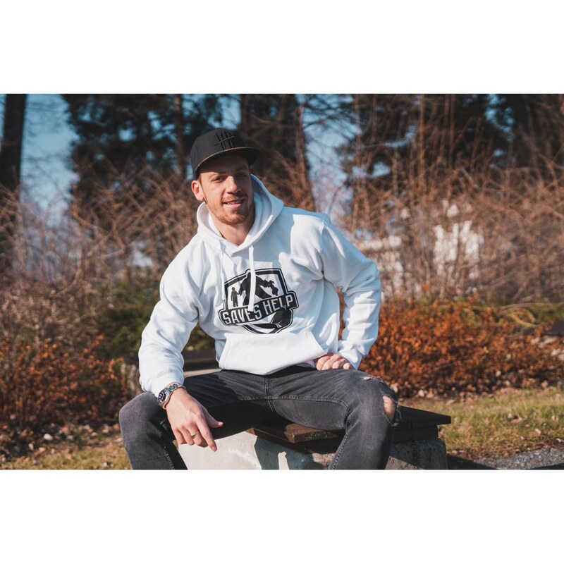 MIKINA S KAPUCÍ UNISEX SAVES HELP - B/W - WHITE - SHPM014