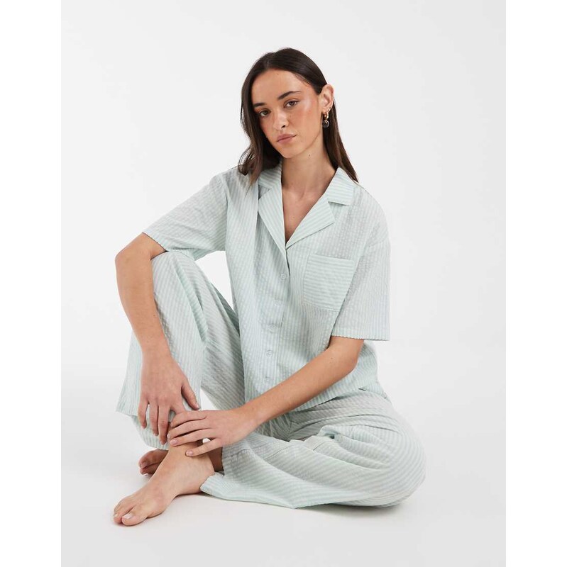 Daisy Street pyjama shirt and matching trousers in blue stripe