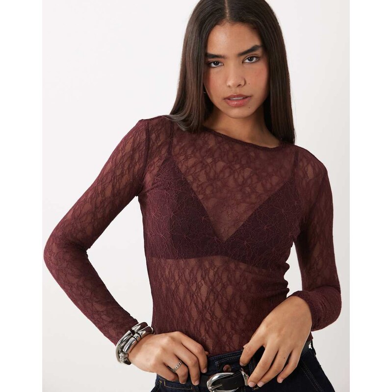 AWARE sheer stretchy lace long sleeve top in burgundy-Red