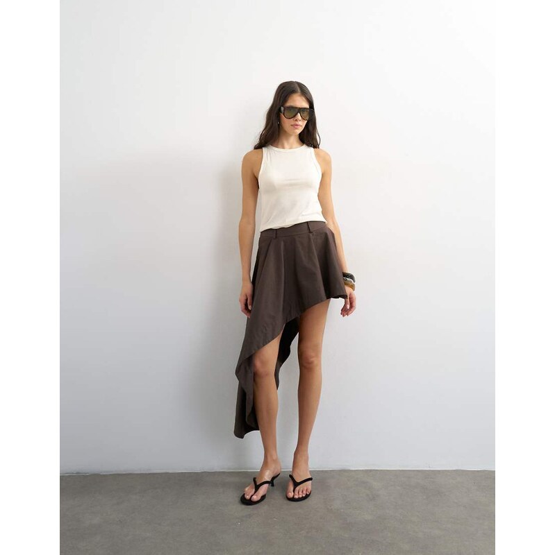 Topshop asymmetric mini skirt in chocolate-Brown