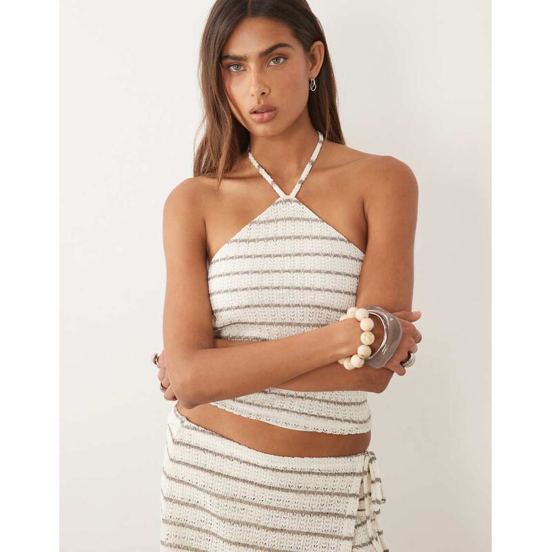 Mango Teen halterneck top co-ord in beige stripe-Neutral