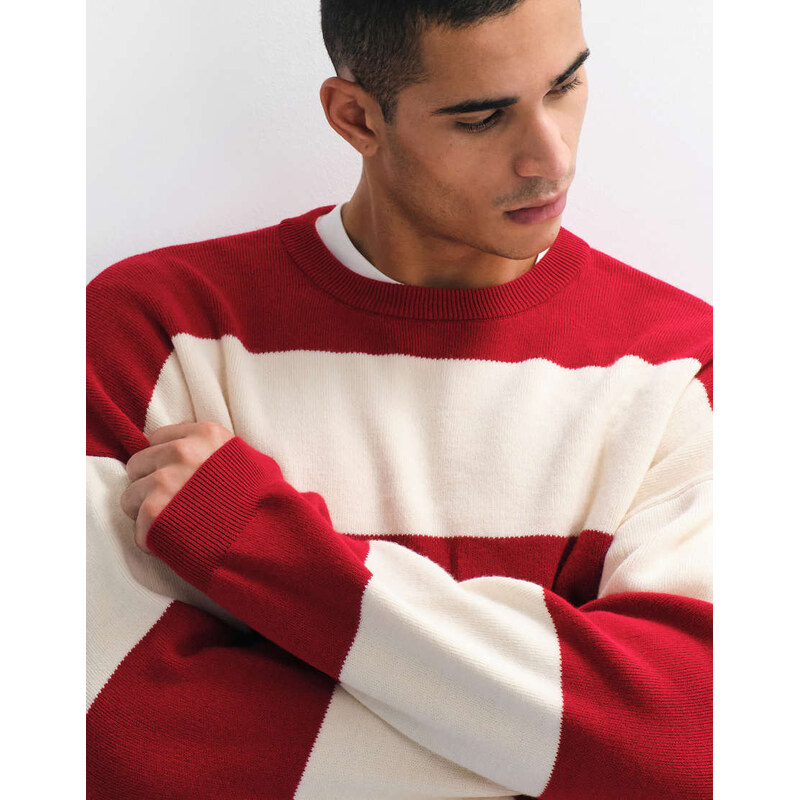 ASOS DESIGN oversized knitted striped jumper in red and ecru