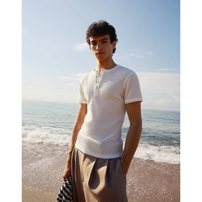 Bershka Textured henley t-shirt in white