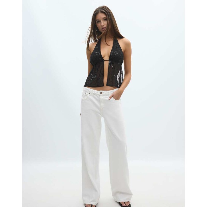 Stradivarius Embroidered halter top with rhinestones in black