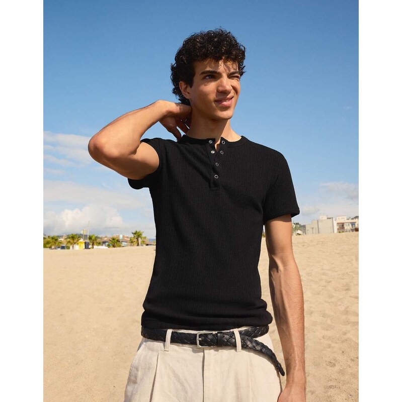 Bershka Textured henley t-shirt in black