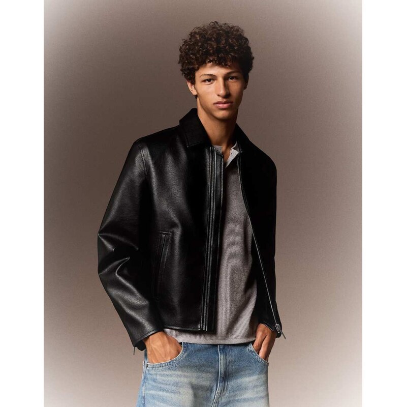Bershka Boxy faux leather jacket in black