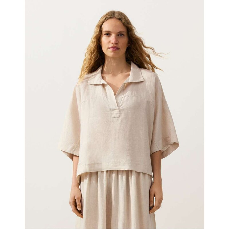 OYSHO Oversize 100% linen short-sleeved shirt in sand melange