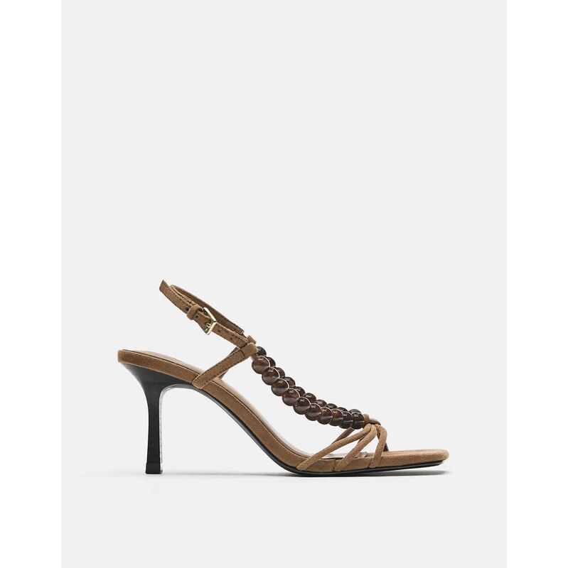 Pull&Bear Beaded heeled sandals in brown