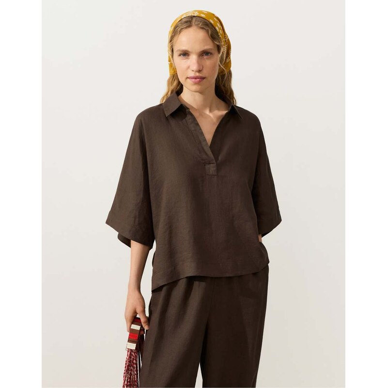 OYSHO Oversize short-sleeve 100% linen polo shirt in brown