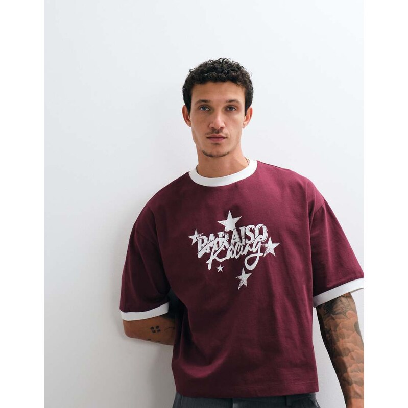 Reclaimed Vintage ringer jersey tee with slogan in burgundy-Red