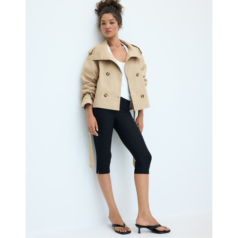Stradivarius High neck trench coat with belt in beige-Neutral