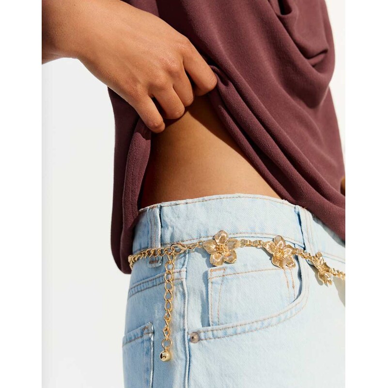 Bershka Flower chain belt in gold