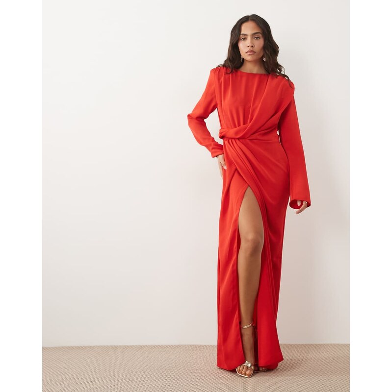 ASOS DESIGN long sleeve shoulder pad draped waist detail maxi