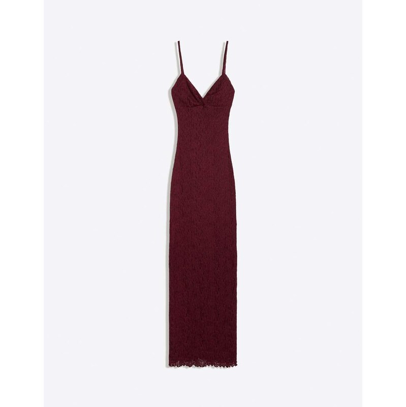 Bershka Lace strap midi dress in burgundy-Red