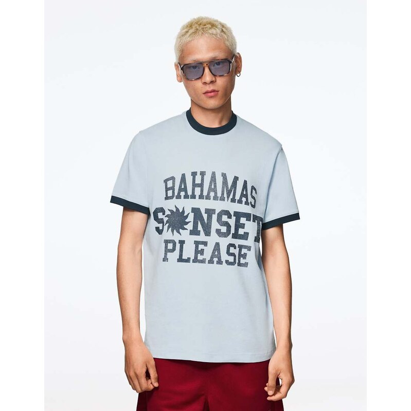 Bershka Short sleeve print t-shirt in denim blue