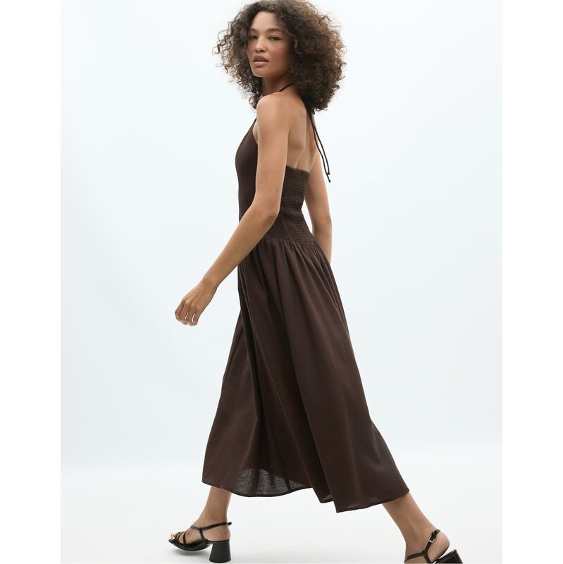Stradivarius Midi halter dress with bead detail in brown