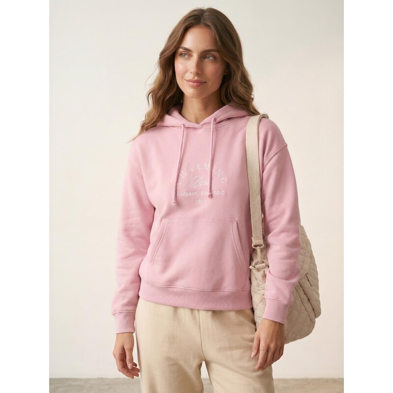 Sinsay - Mikina hoodie s kapsou a vyšívaným nápisem - růžová