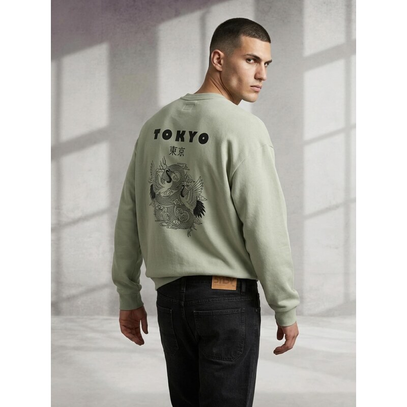Sinsay - Crewneck mikina s potiskem comfort - zelená