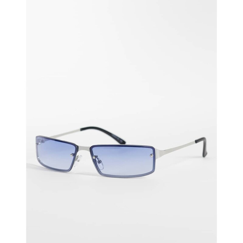 ASOS DESIGN wrap sunglasses in black with blue lens