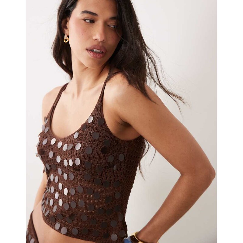 Missyempire open knit disc sequin cami top co-ord in chocolate