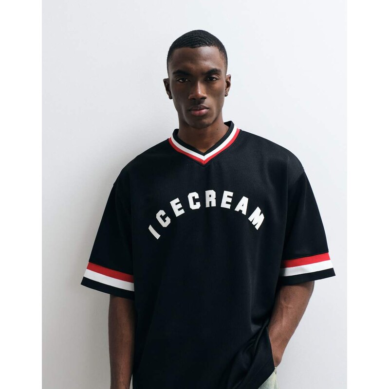ICECREAM colleigate v neck t-shirt with logo print in black