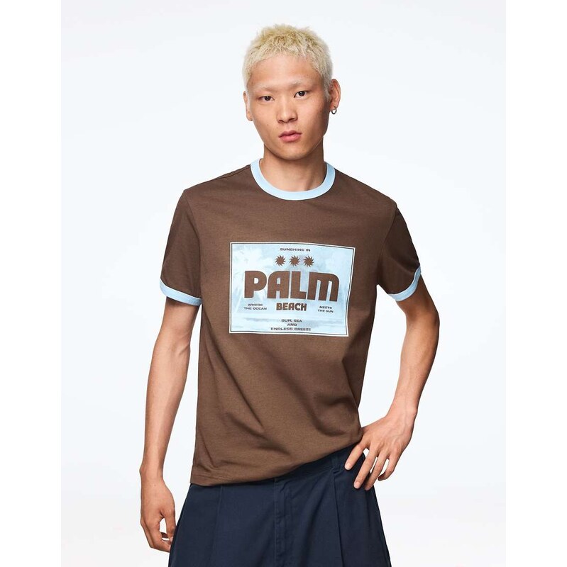 Bershka Short sleeve print t-shirt in brown