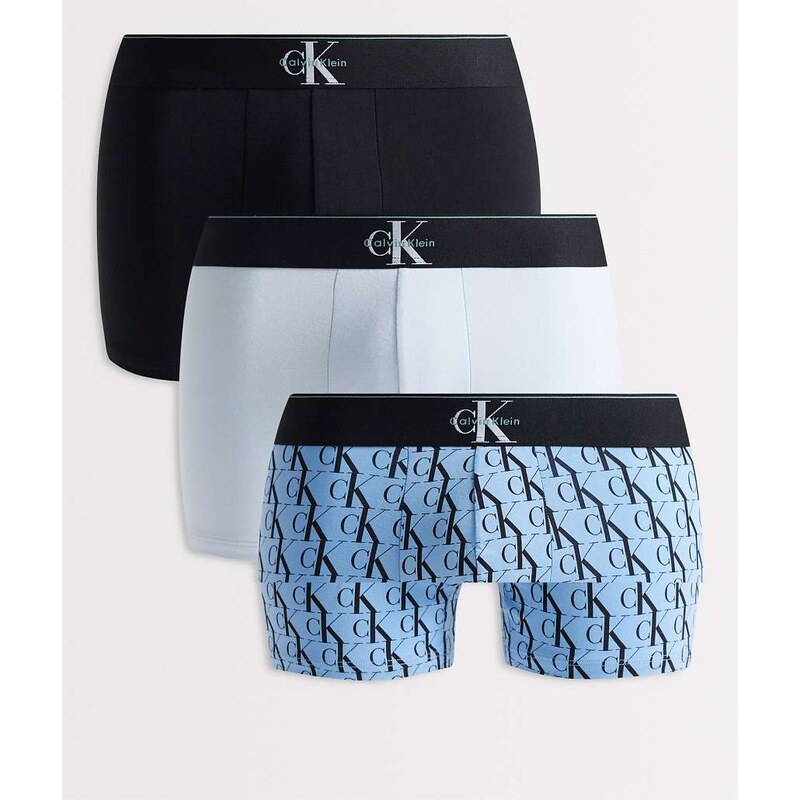 Calvin Klein Monogram Cotton 3 pack trunks in black/pattern/grey