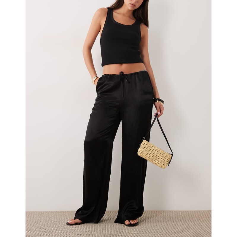 SNDYS satin drawstring wide leg trouser in black