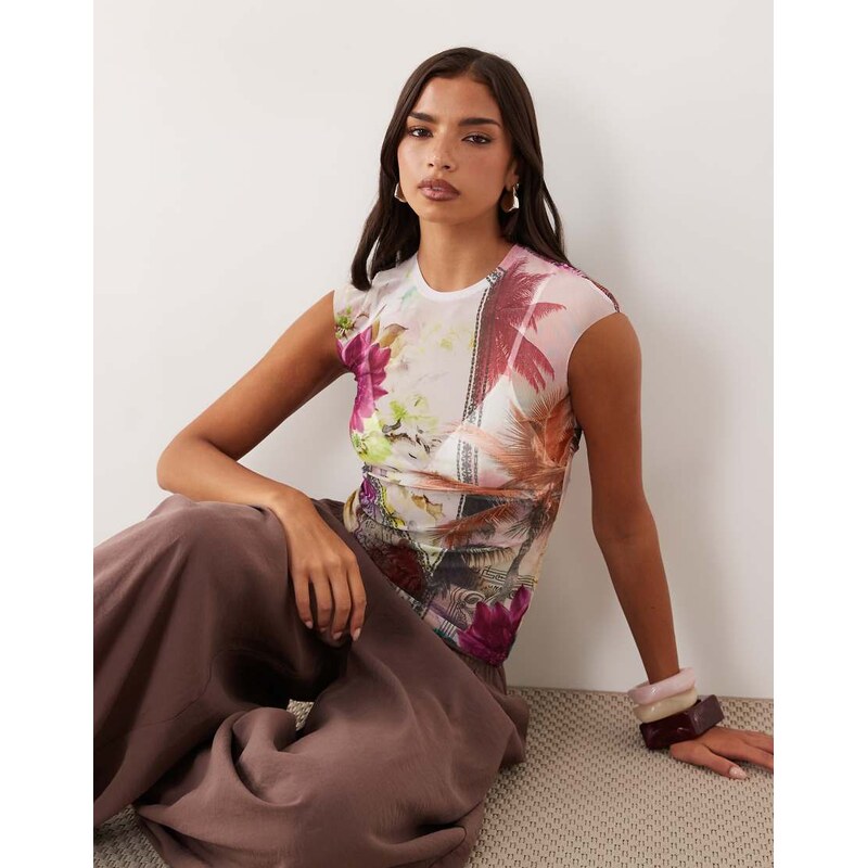 AFRM Nina mesh cap sleeve top in pastel floral print-Multi