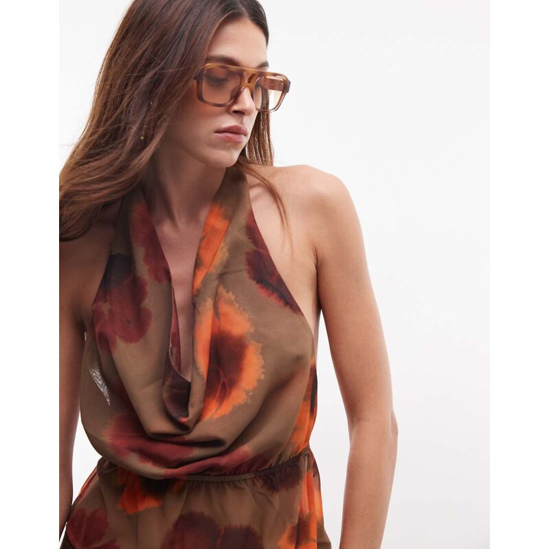 Motel mahda halter neck plisse floral top in khaki-Multi