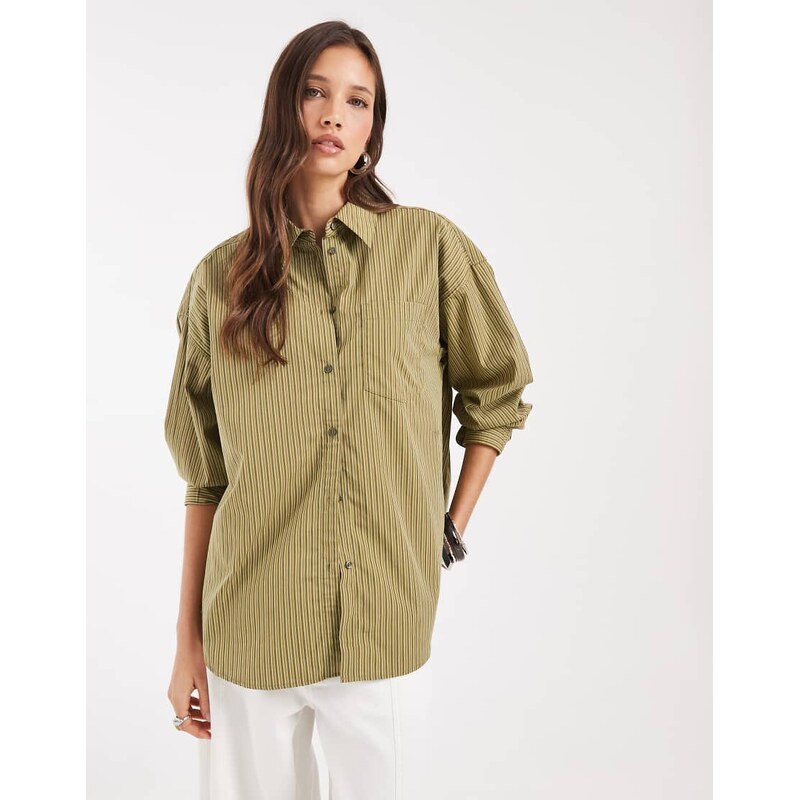 JJXX Jamie oversized striped poplin shirt in olive-Green