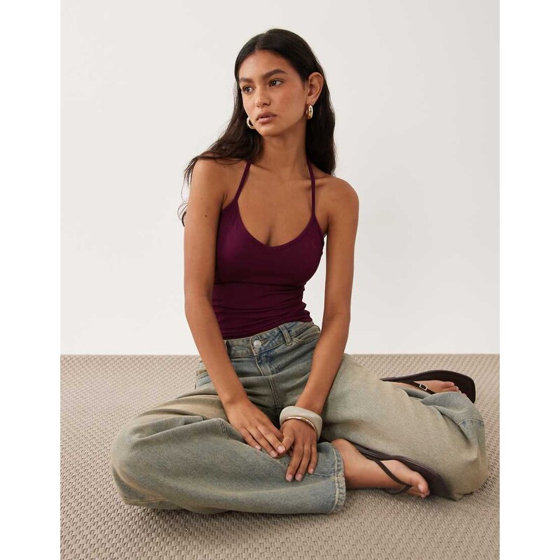 Cotton On hold me scoop halter neck top in blackberry belle