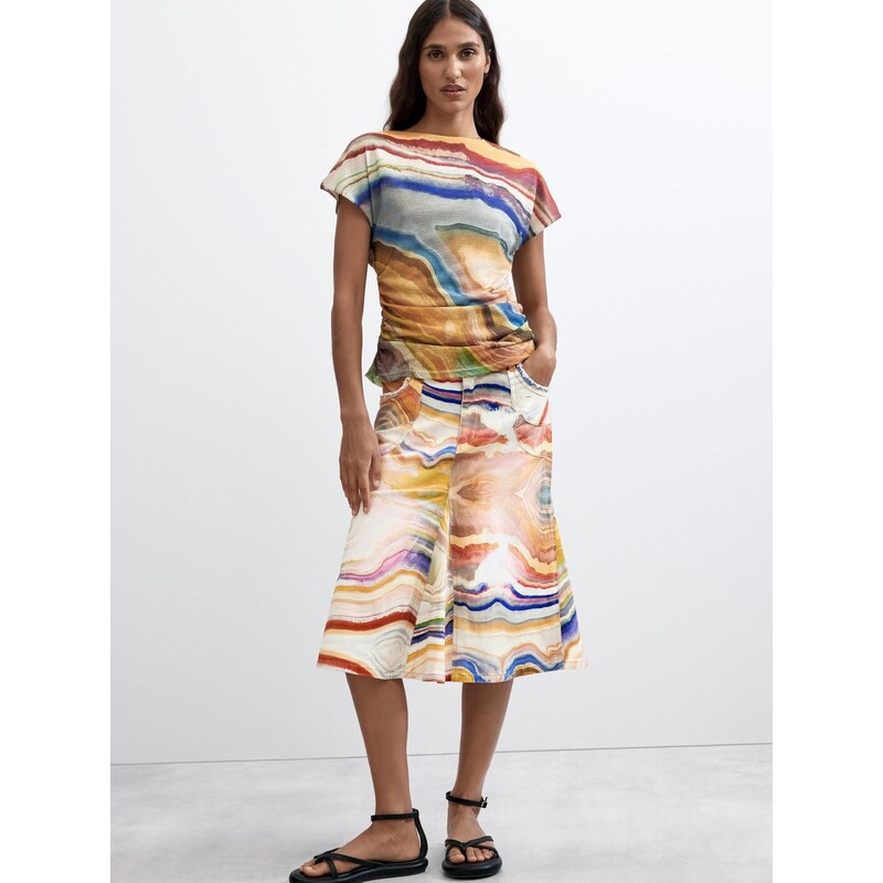 Desigual Tričko marine modrá / hnědá / žlutá / světle šedá