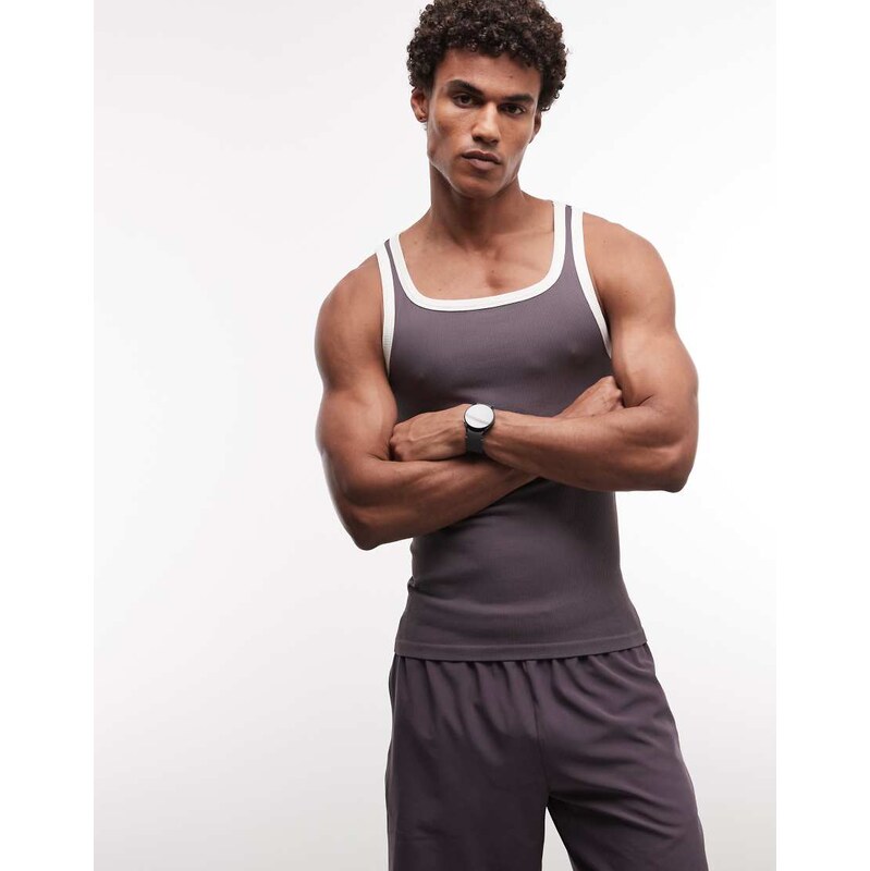 4505 seamless rib slim fit vest with contrast binding in storm